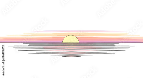 Sun Setting Over Calm Water Horizon.