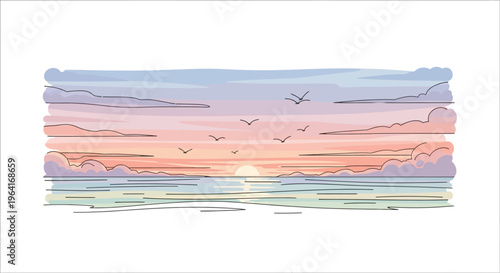 Sunset over calm ocean water horizon.