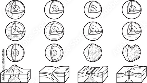 An illustrative representation of planetary cross-sections and geological formations, providing a glimpse into the internal structure and surface processes of celestial bodies.