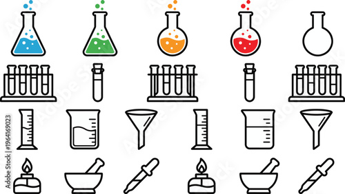 An assortment of precisely rendered beakers, flasks, and pipettes embodies the tools and precision of scientific study, each a testament to the pursuit of knowledge.