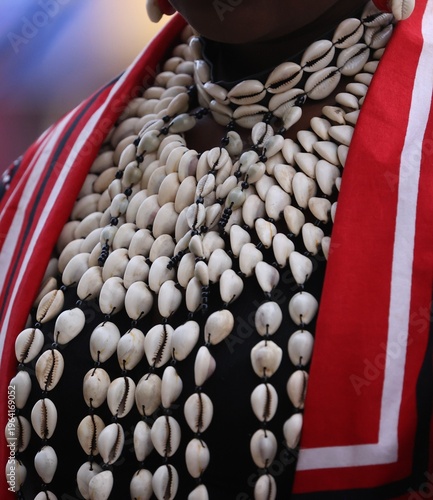 An outfit made from acoris and other traditional objects.