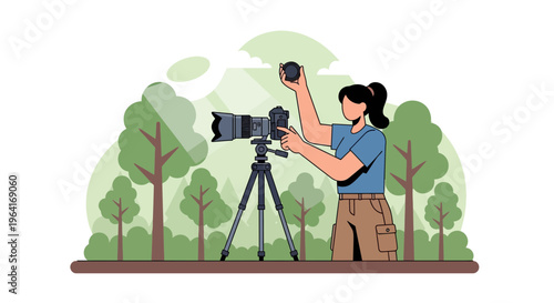 Woman photographer adjusting camera lens on tripod in nature.