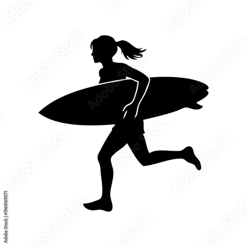 Vacaciones en la playa. Logo club de surf. Dibujo con silueta de una chica joven corriendo con una tabla de surf bajo el brazo 