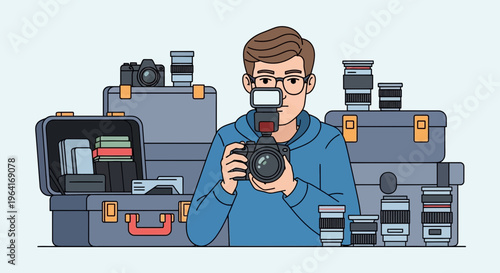 Young man holding camera and taking photo with flash.