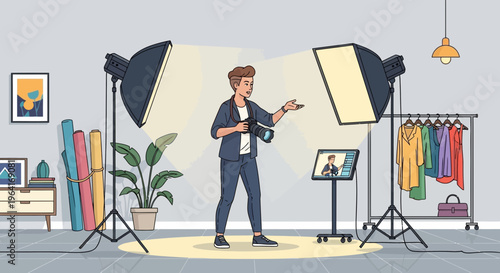 Young man holding camera in studio with lighting equipment.
