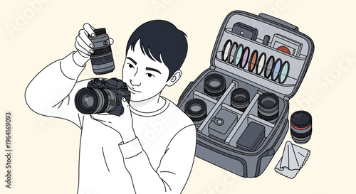 Young Man Inspecting Camera Equipment with Lens Case.