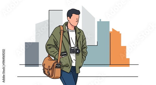 Man with Camera and Bag in City.