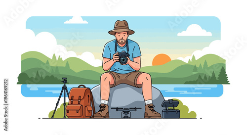 Man with camera and drone on rock during sunrise.