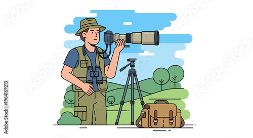 Man with camera and tripod birdwatching outdoors.