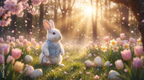 White rabbit in blue vest sitting on grass with tulips, daffodils, and Easter eggs. Holding basket of pastel eggs in warm spring woodland setting with sunlight and petals