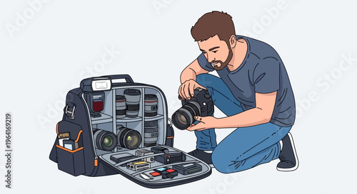 Man with Camera Bag and Photography Equipment.