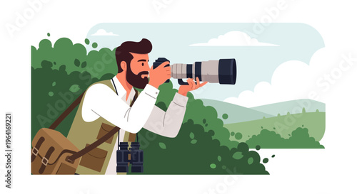 Man with camera and binoculars observing nature.