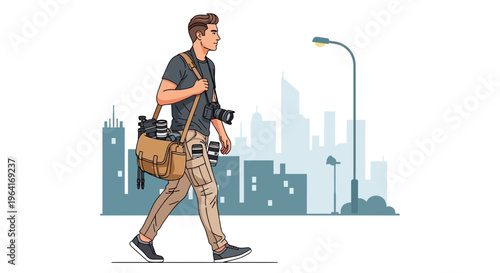 Man with camera bag walking in city street.