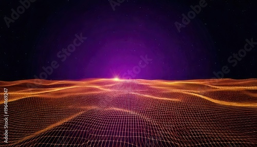 Abstract Digital Landscape with Glowing Orange and Purple Hues.