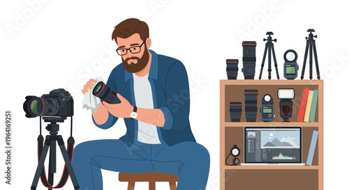 Photographer Adjusting Camera Lens Equipment.