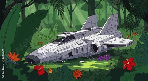 crashed spaceship wreck lies abandoned in a vibrant tropical jungle with exotic flowers and dappled sunlight a hidden mystery.