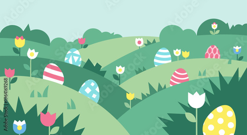 easter egg hunt spring landscape with easter eggs flat design and blooming tulips creating a cheerful springtime holiday scene.