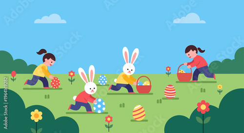 modern flat design easter egg hunt children and bunny characters collect colorful eggs in a green field perfect for spring holiday celebrations