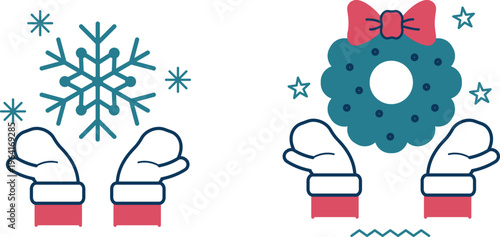 Hands holding winter and holiday symbols with mittens and festive decorations