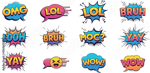 Comic Speech Bubble Set with Pop Art Expressions OMG LOL WOW BRUH and Yay Text Effects