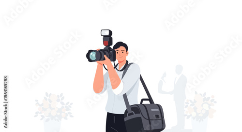 Photographer Capturing Moment with Professional Camera and Flash.