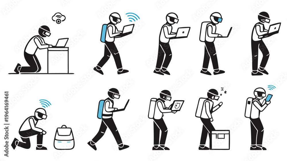 Fototapeta premium Strichmännchen Digital Nomad Set – Stick Figure Remote Work and Technology Vector Icons, business people icon set