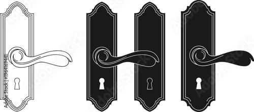 Vintage door handle vector set featuring elegant ornate lever designs in outline and silhouette styles for classic interior hardware and home architecture projects.