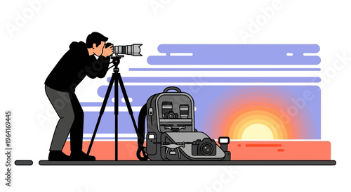 Photographer Capturing Sunset with Professional Camera Gear.