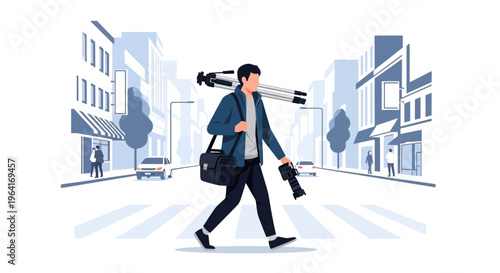 Photographer carrying camera and tripod on city street.