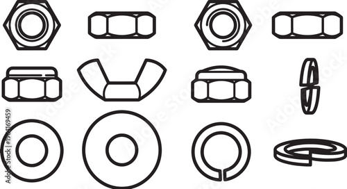 Array of Nuts and Bolts in clean vector image. A perfect depiction of construction hardware for various purposes.