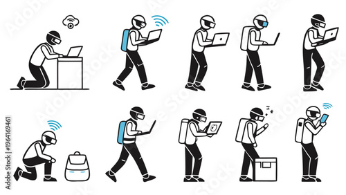 Strichmännchen Digital Nomad Set – Stick Figure Remote Work and Technology Vector Icons, business people icon set