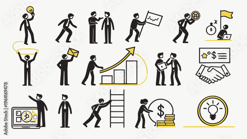 Strichmännchen Business and Finance Icons – Stick Figure Success and Growth Vector Set, silhouettes of people in different situations