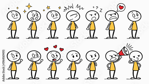 Strichmännchen Emotionen Icon Set – Stick Figure Emotions and Reactions Vector, vector illustration of business people in different situations