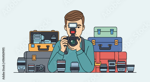 Photographer holding camera surrounded by camera gear.