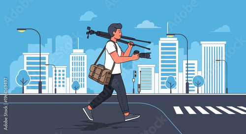 Photographer carrying camera and tripod walking in city.