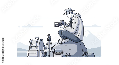 Photographer with Camera and Gear on Rocky Outcrop.