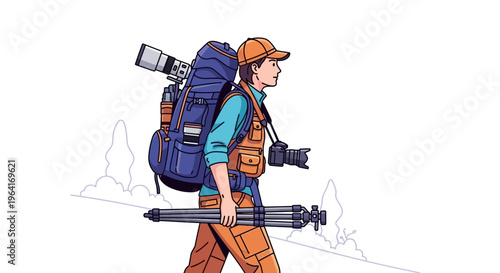 Photographer with extensive gear on a journey.