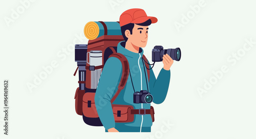 Photographer with Large Backpack Capturing Moments.