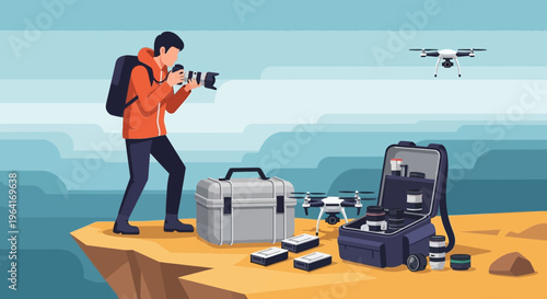 Photographer with drone and equipment on cliff edge.