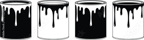 Black and white vector illustration of metal paint cans with dripping liquid, open buckets set for renovation, home repair, DIY projects, and construction.