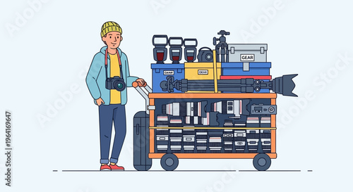Photographer with Extensive Equipment Cart Ready for Shoot.