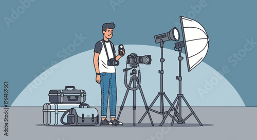 Photographer with Professional Camera Equipment Setup.