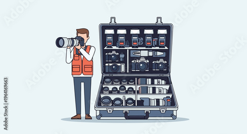 Photographer with Professional Camera Gear and Equipment Case.