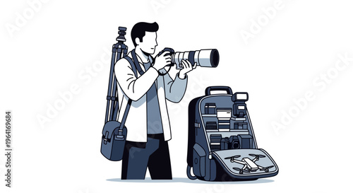 Photographer with Professional Camera Gear and Tripod.