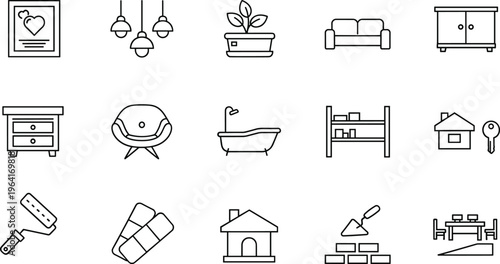 Vector line icon set for home renovation and interior design featuring furniture, construction tools, apartment repair symbols, house improvement elements, and architecture outlines.