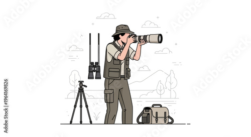 Wildlife Photographer Capturing Nature with Professional Camera Gear.