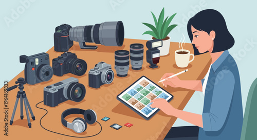 Woman editing photos on tablet surrounded by camera equipment.