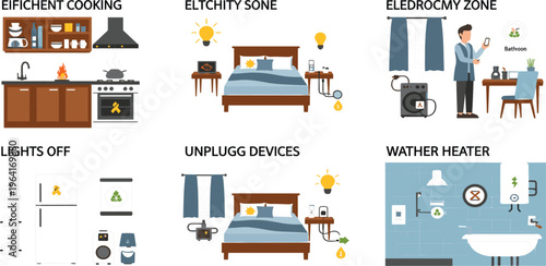 Energy Saving Tips Set Featuring Efficient Cooking, Lighting, Unplugging Devices, and Water Heater Usag