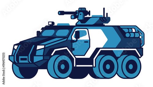 Military vehicle with mounted gun turret.