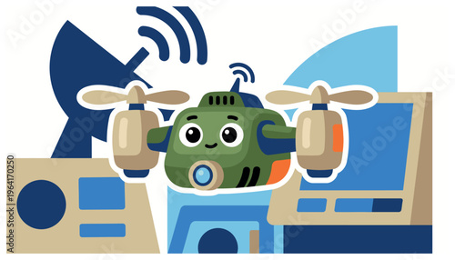 A cartoon robot with propellers on a computer.